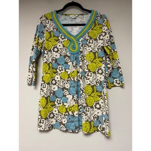 Boden Floral V Neck 3/4 Sleeve Tunic Top Blue Green White Brown US 6 UK 10